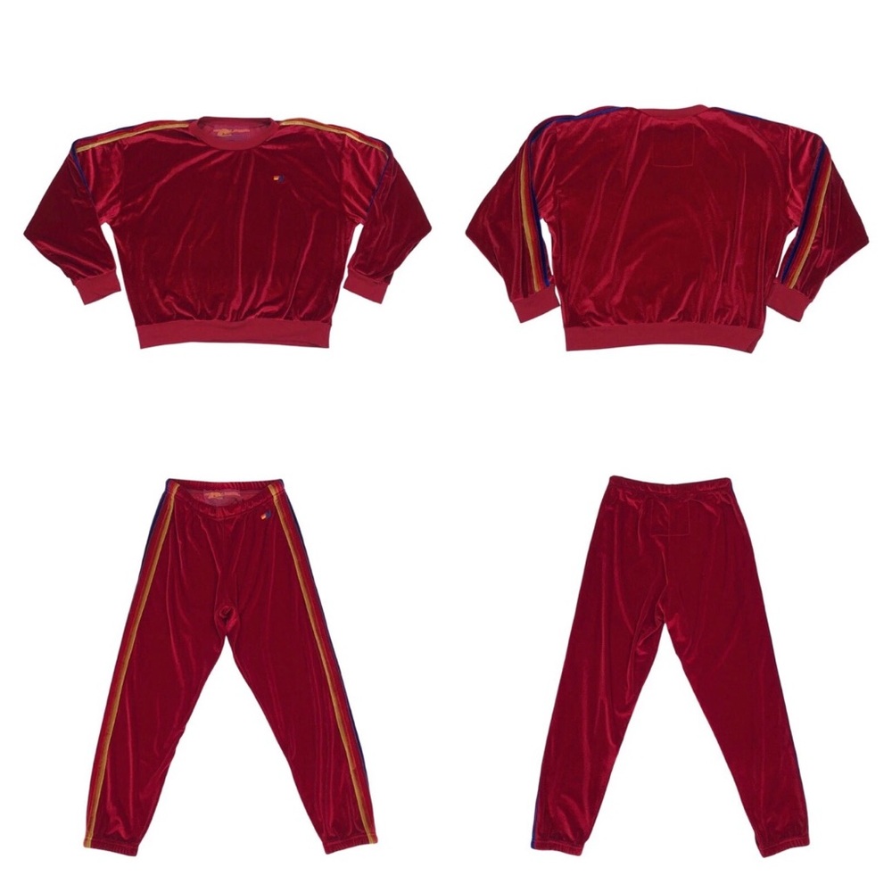 Aviator Nation Velour Velvet Set Sweatshirt Sweatpant Womens Small Red Relax Fit